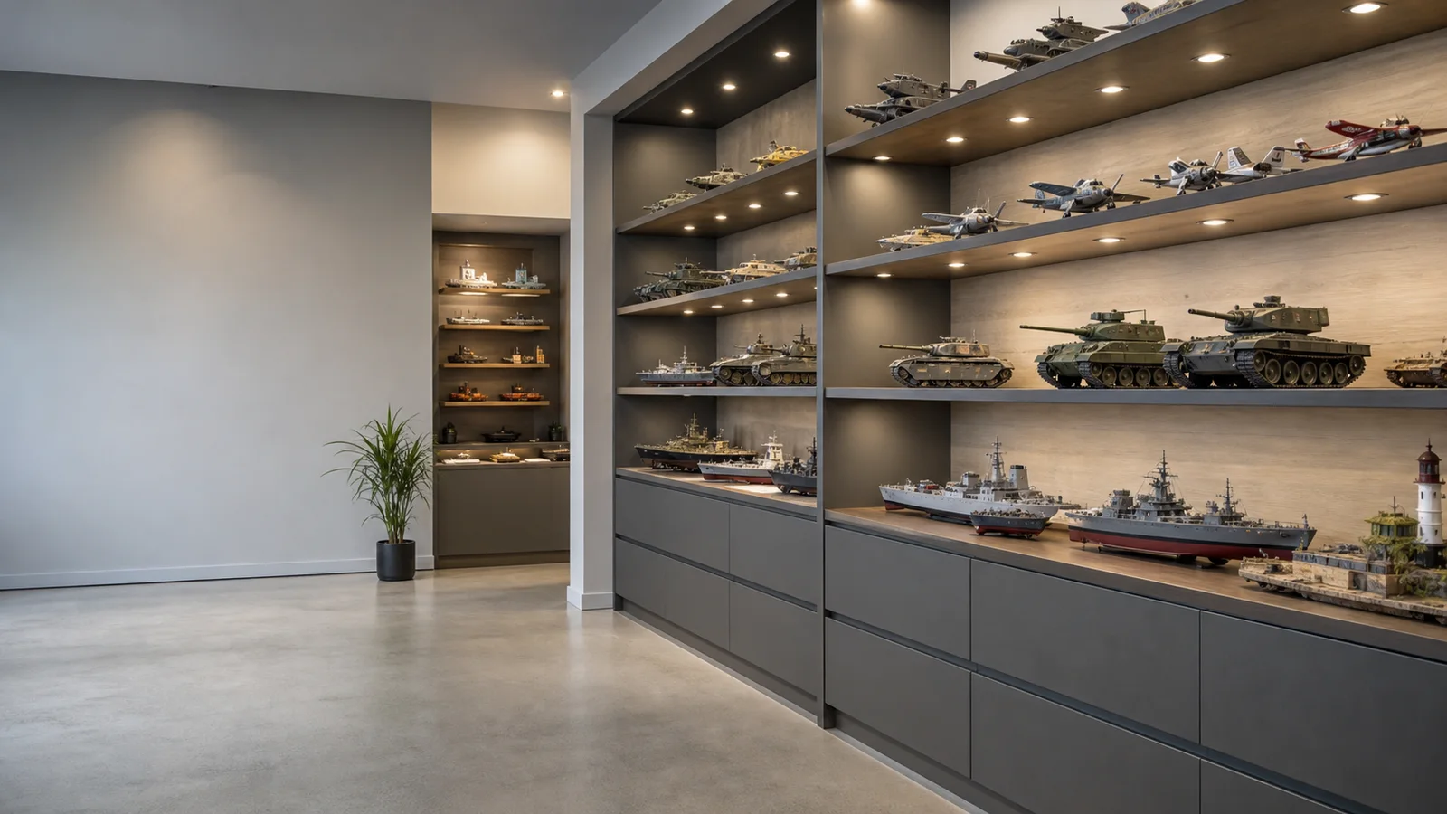 Wide interior view of a display shelves of finished scale models with no people, soft even indoor light, clean uncluttered foreground for text