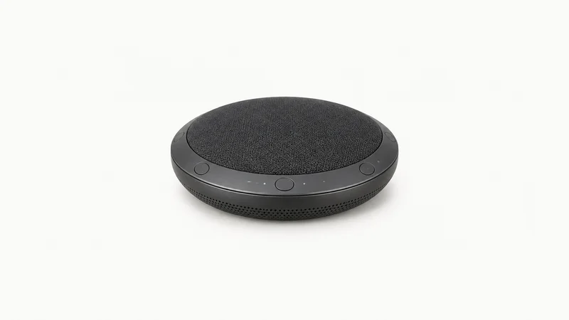 Isolated a wireless conference speakerphone with a matte grille centred on a seamless pale off-white studio background, generous empty margin on every side for overlaid branding