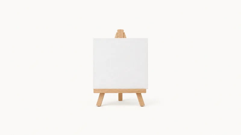 Isolated a QR-code style blank placard on a small easel centred on a seamless pale off-white studio background, generous empty margin on every side for overlaid branding