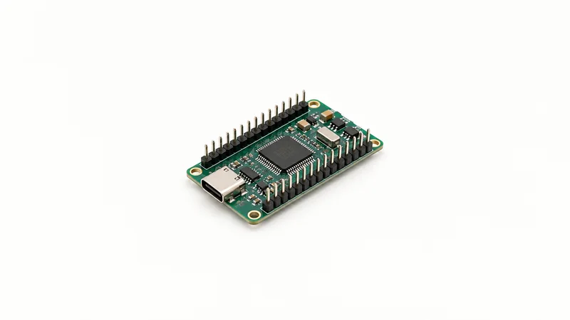 Isolated a bare microcontroller development board with header pins centred on a seamless pale off-white studio background, generous empty margin on every side for overlaid branding