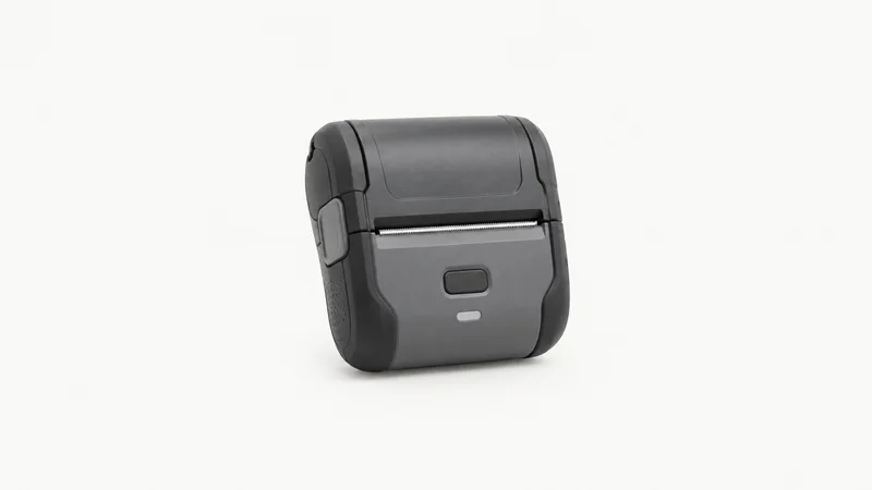 Isolated a handheld thermal label printer centred on a seamless pale off-white studio background, generous empty margin on every side for overlaid branding