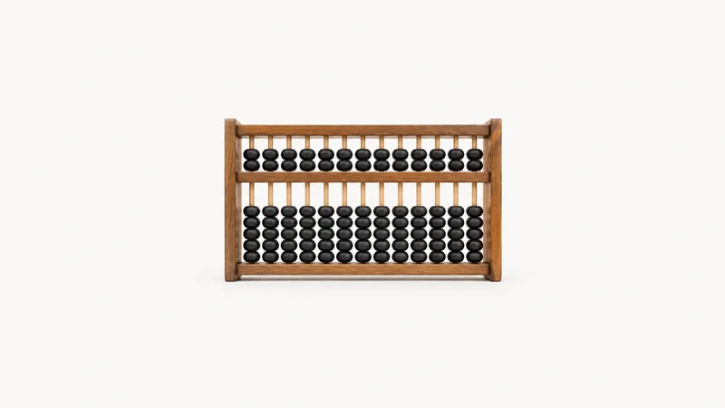 Isolated a wooden abacus with black beads centred on a seamless pale off-white studio background, generous empty margin on every side for overlaid branding