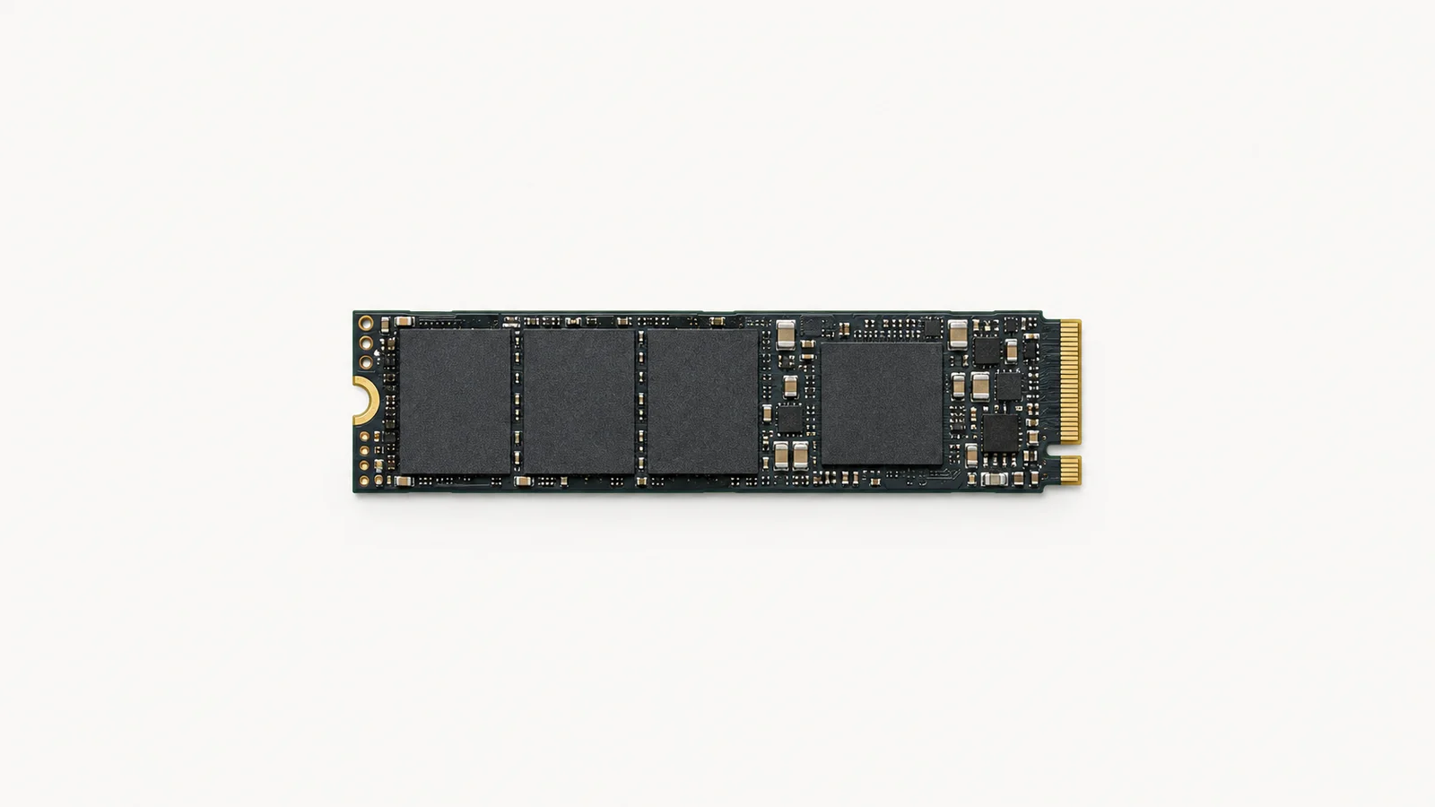 Isolated a bare NVMe storage module centred on a seamless pale off-white studio background, generous empty margin on every side for overlaid branding