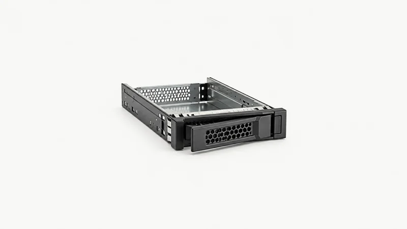 Isolated a hot-swap drive caddy with an empty bay centred on a seamless pale off-white studio background, generous empty margin on every side for overlaid branding