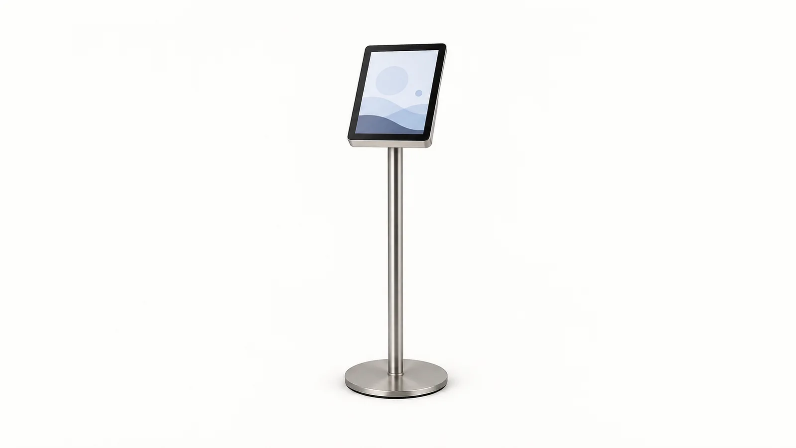 Isolated a lobby self-service check-in tablet on a slim brushed-steel stand centred on a seamless pale off-white studio background, generous empty margin on every side for overlaid branding