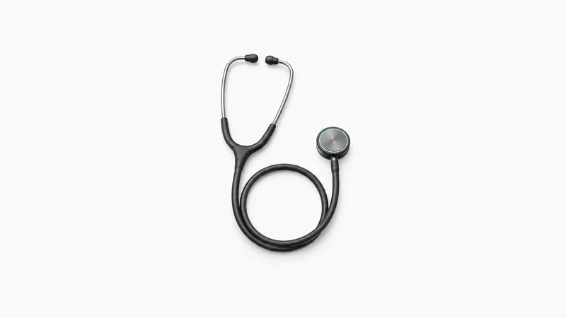 Isolated a connected digital stethoscope with a flat circular chestpiece centred on a seamless pale off-white studio background, generous empty margin on every side for overlaid branding