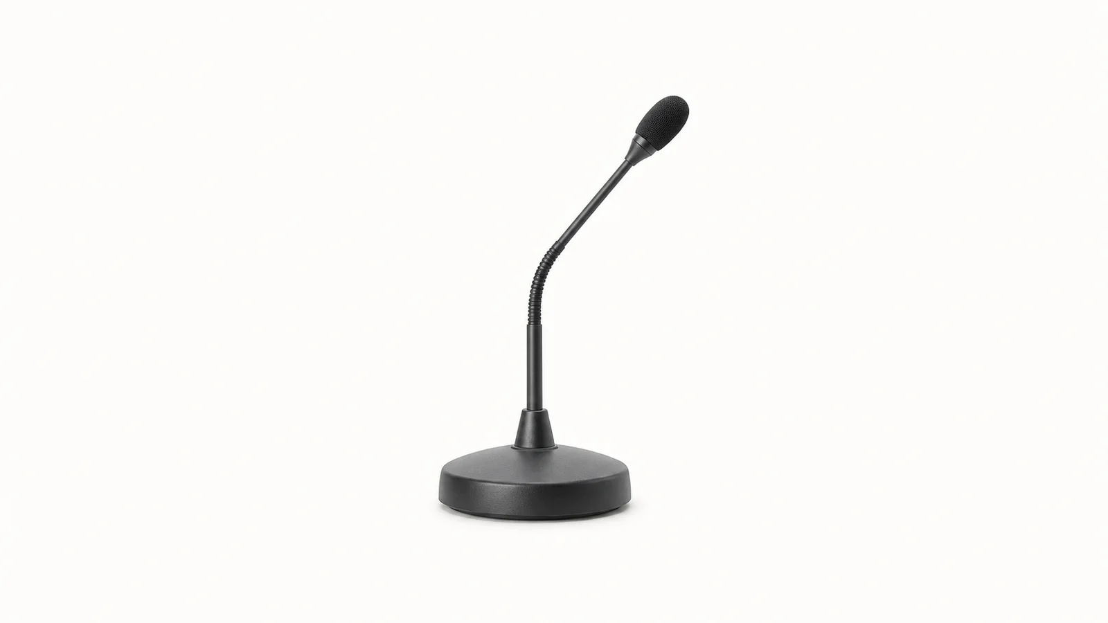 Isolated a courtroom-style desk microphone on a weighted base centred on a seamless pale off-white studio background, generous empty margin on every side for overlaid branding