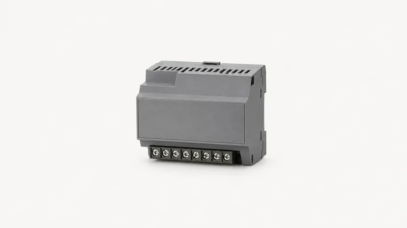 Isolated a smart-building controller module with a row of screw terminals in a grey enclosure centred on a seamless pale off-white studio background, generous empty margin on every side for overlaid branding