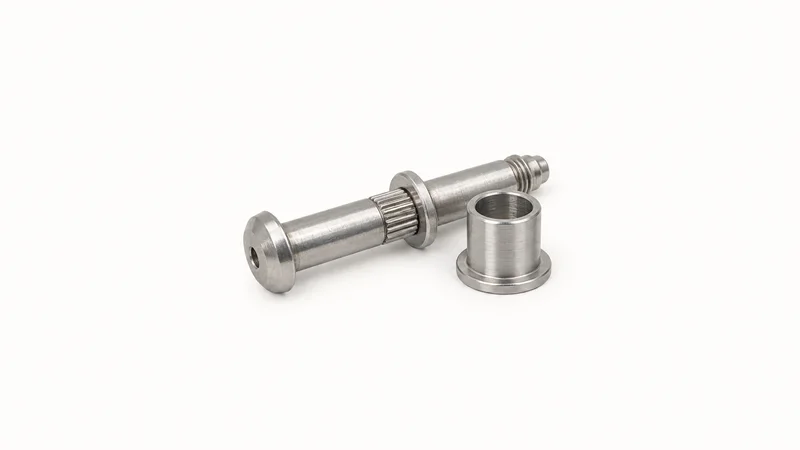 Isolated an aerospace aluminium lock-bolt fastener with a collar centred on a seamless pale off-white studio background, generous empty margin on every side for overlaid branding