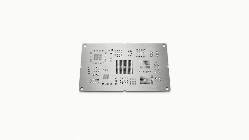 Isolated a stainless solder-paste stencil with laser-cut apertures centred on a seamless pale off-white studio background, generous empty margin on every side for overlaid branding