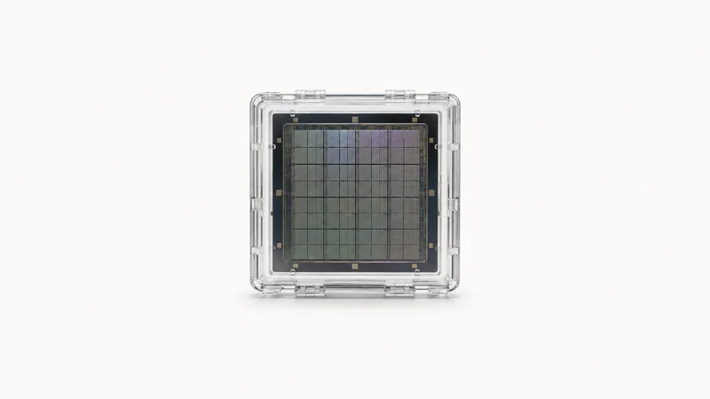 Isolated a photomask reticle in a clear protective case centred on a seamless pale off-white studio background, generous empty margin on every side for overlaid branding