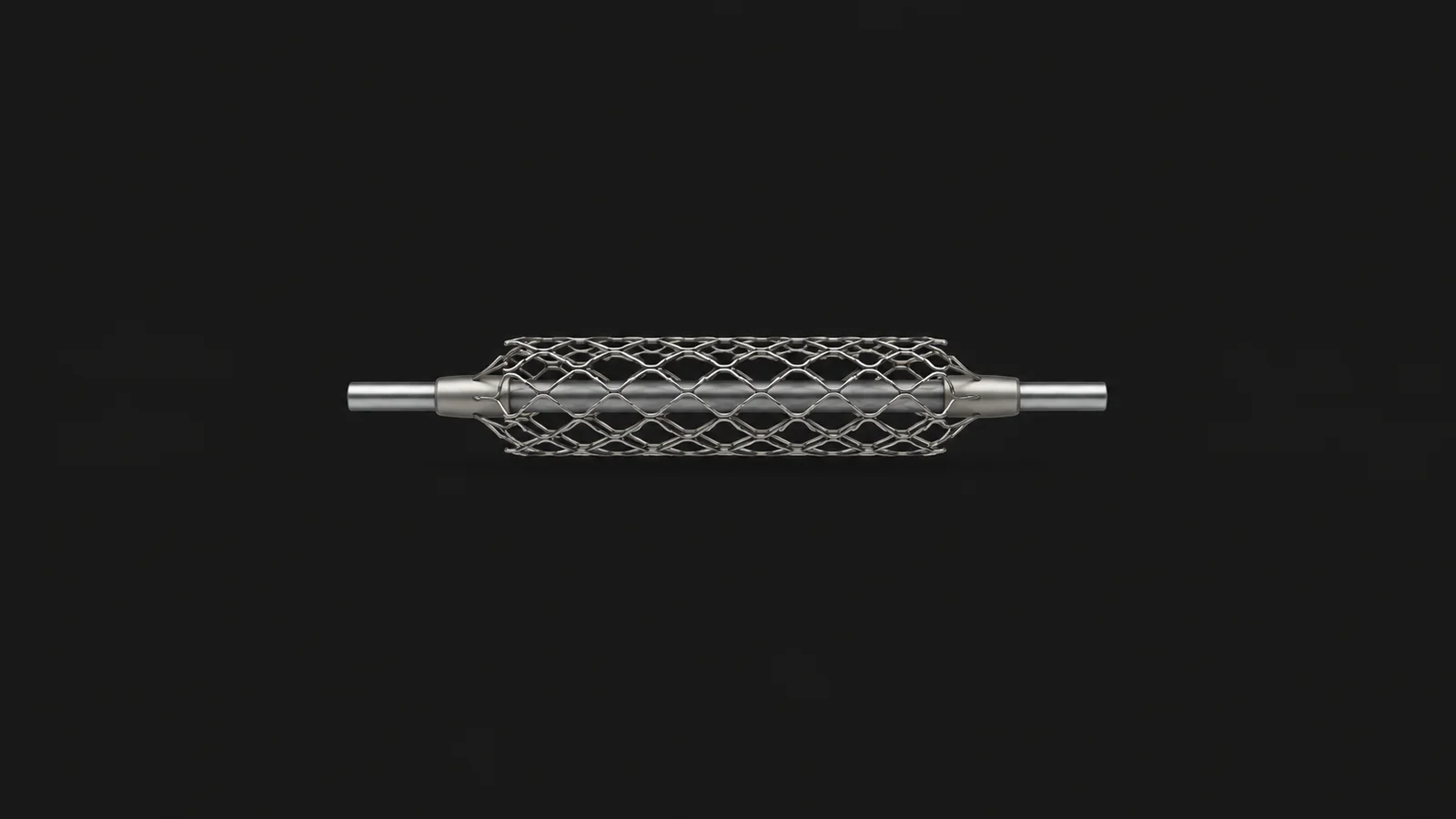 Isolated a nitinol vascular stent expanded on a mandrel centred on a seamless deep charcoal near-black studio background, generous empty margin on every side for overlaid branding