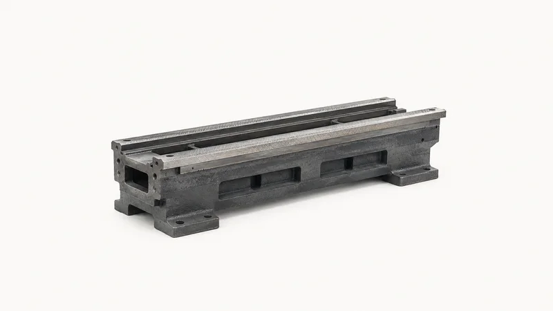 Isolated a cast machine-tool bed with hand-scraped ways centred on a seamless pale off-white studio background, generous empty margin on every side for overlaid branding