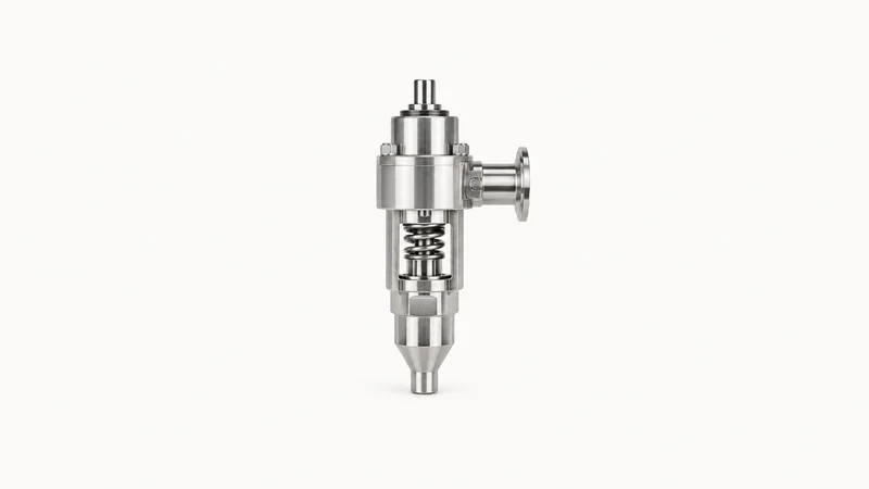 Isolated a stainless rotary filler nozzle with a spring valve centred on a seamless pale off-white studio background, generous empty margin on every side for overlaid branding