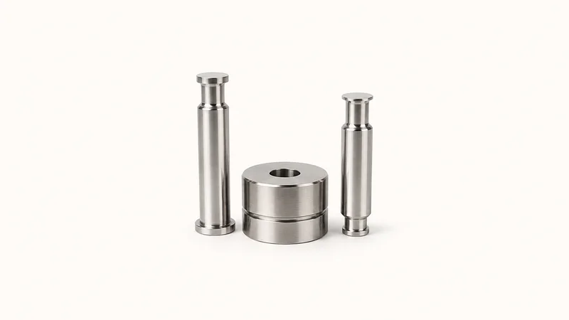 Isolated a tablet-press punch and die set in polished steel centred on a seamless pale off-white studio background, generous empty margin on every side for overlaid branding