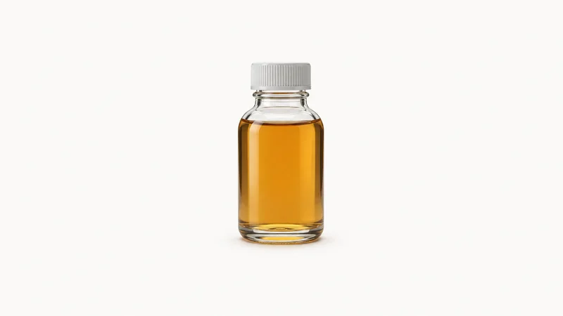Isolated a laboratory sample bottle of amber liquid with a screw cap centred on a seamless pale off-white studio background, generous empty margin on every side for overlaid branding
