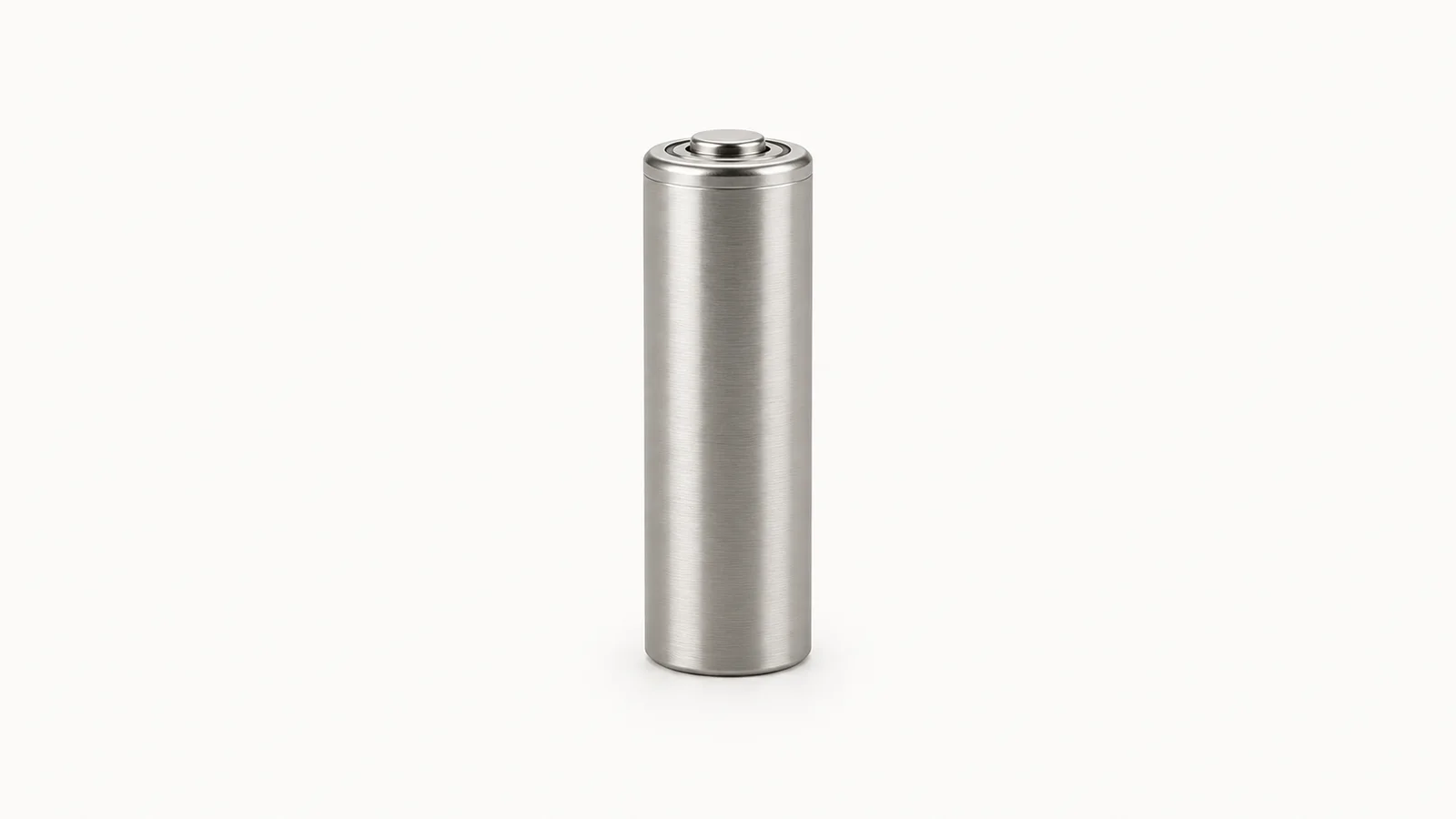 Isolated a cylindrical lithium cell with a bare steel can centred on a seamless pale off-white studio background, generous empty margin on every side for overlaid branding