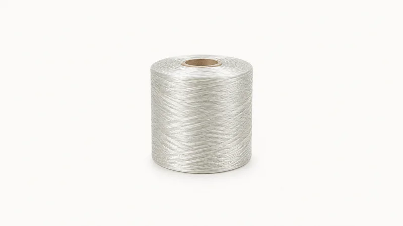 Isolated a spool of glass-fibre roving centred on a seamless pale off-white studio background, generous empty margin on every side for overlaid branding