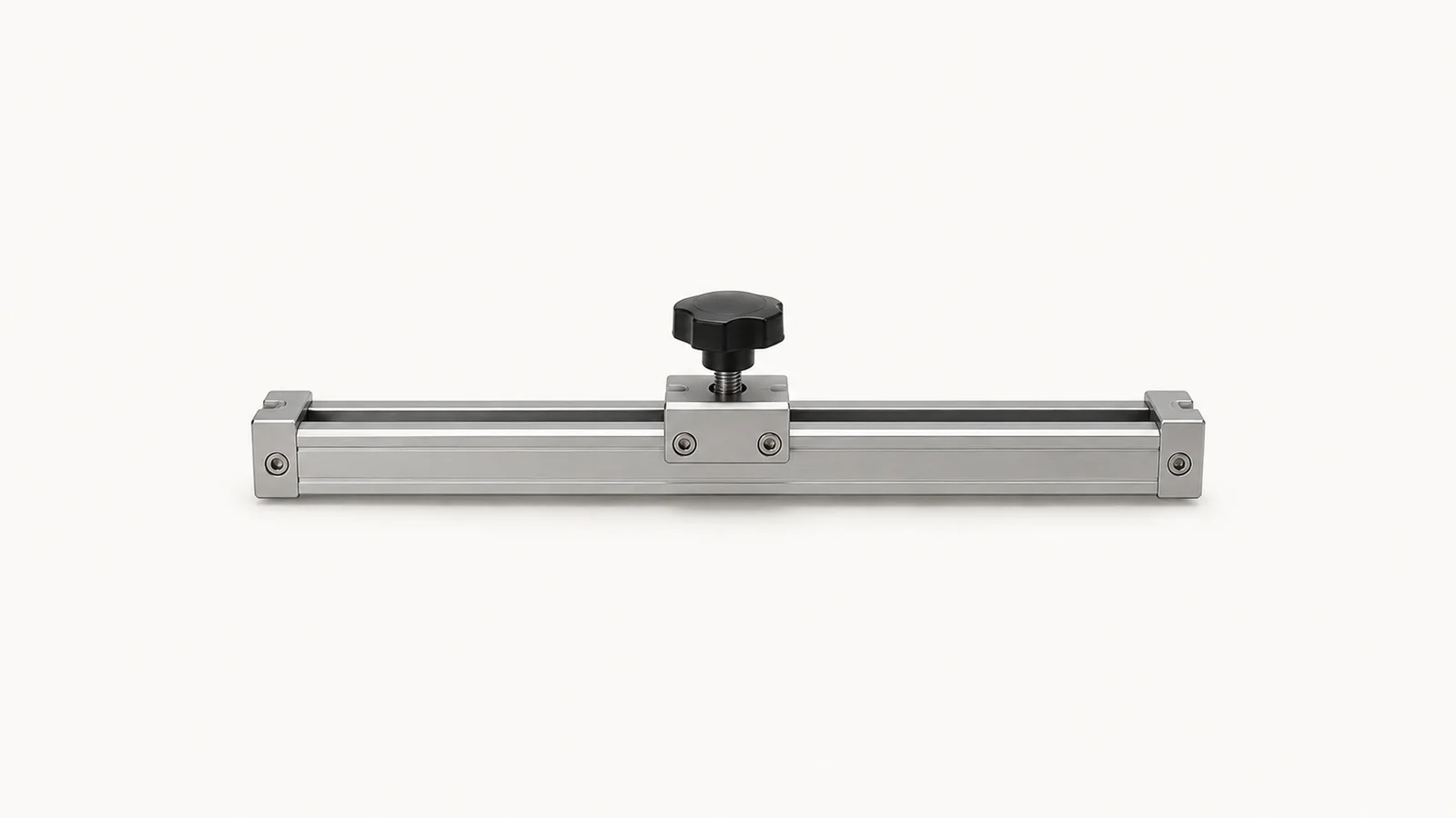 Isolated an anodised aluminium change-part rail with a locking knob centred on a seamless pale off-white studio background, generous empty margin on every side for overlaid branding