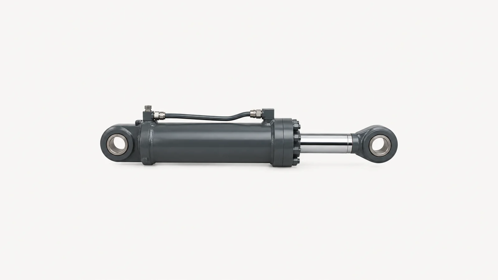 Isolated a hydraulic boom cylinder with a chromed rod centred on a seamless pale off-white studio background, generous empty margin on every side for overlaid branding