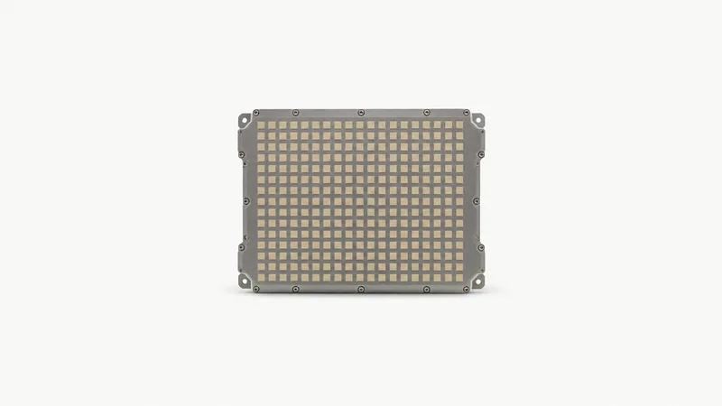 Isolated a phased-array antenna tile with a grid of patch elements centred on a seamless pale off-white studio background, generous empty margin on every side for overlaid branding