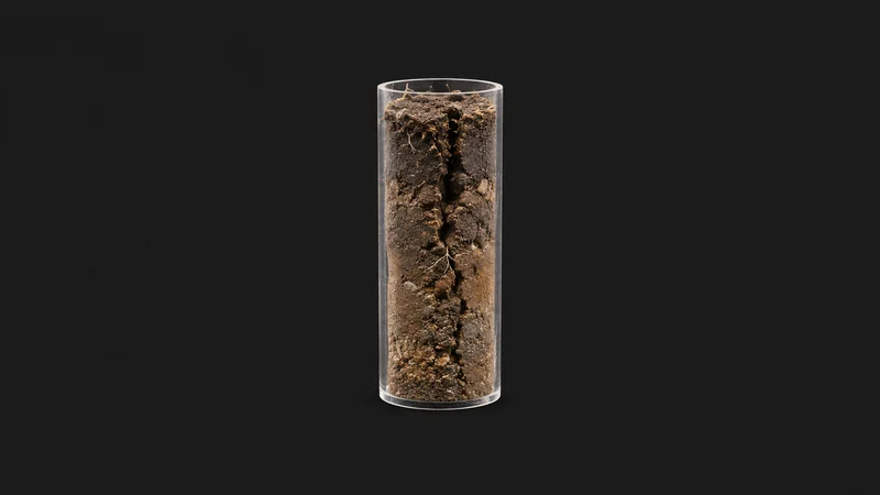 Isolated a single cracked-open soil core in a clear sampling tube centred on a seamless deep charcoal near-black studio background, generous empty margin on every side for overlaid branding