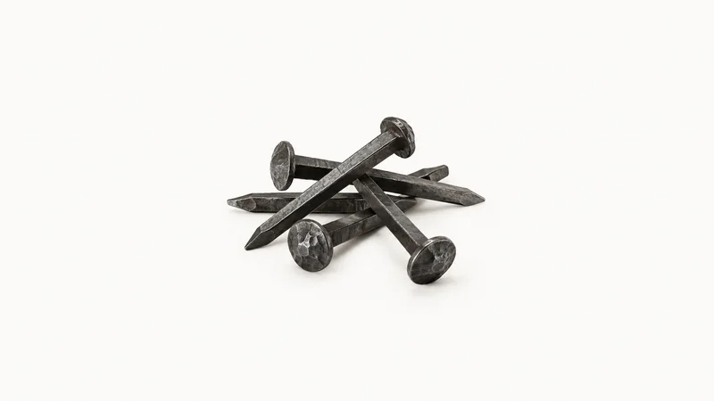 Isolated a cluster of hand-forged square-shank nails with rose heads centred on a seamless pale off-white studio background, generous empty margin on every side for overlaid branding