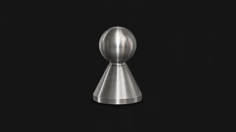 Isolated a hardened-steel five-axis test part with a milled sphere on a cone centred on a seamless deep charcoal near-black studio background, generous empty margin on every side for overlaid branding