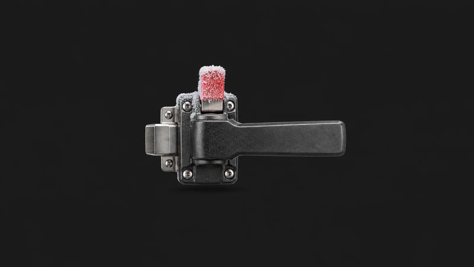 Isolated an insulated freezer door handle with a frost-covered safety release centred on a seamless deep charcoal near-black studio background, generous empty margin on every side for overlaid branding