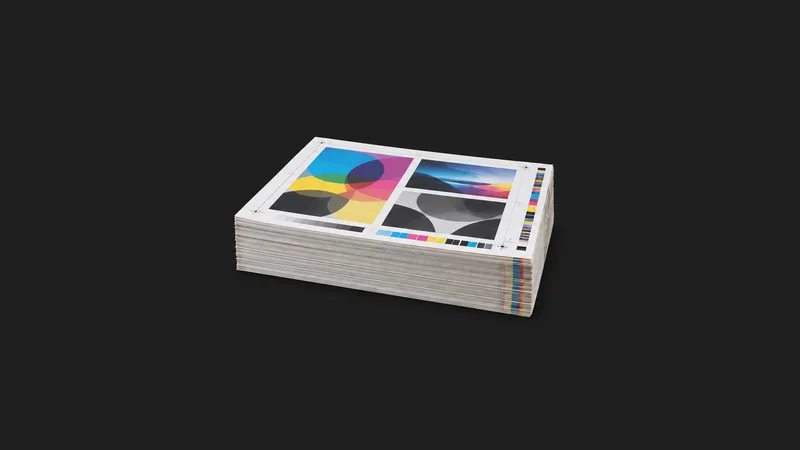 Isolated a stack of uncut cmyk press sheets with colour-control strips on the edge centred on a seamless deep charcoal near-black studio background, generous empty margin on every side for overlaid branding