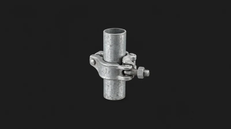 Isolated a galvanised scaffold coupler clamped on a short scaffold-tube stub centred on a seamless deep charcoal near-black studio background, generous empty margin on every side for overlaid branding