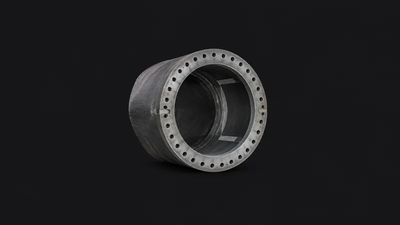 Isolated a wind-turbine blade root section with its bolt ring centred on a seamless deep charcoal near-black studio background, generous empty margin on every side for overlaid branding