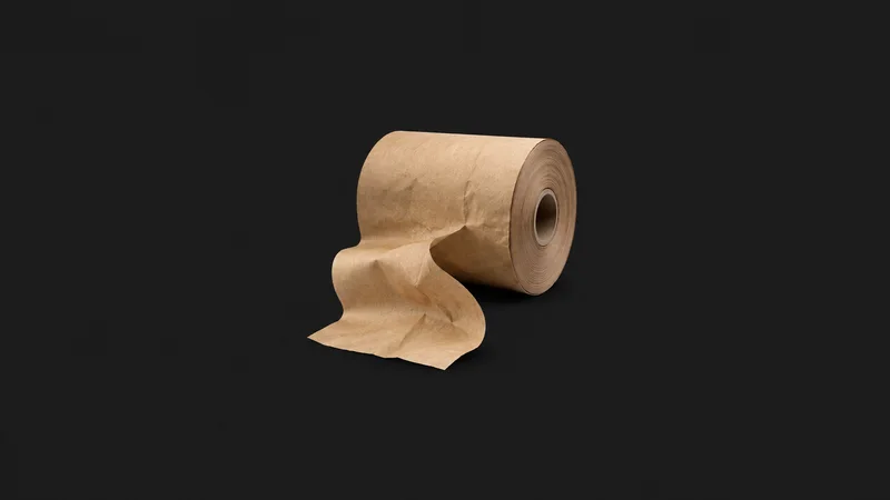 Isolated a roll of brown paper void-fill unwinding from its spool centred on a seamless deep charcoal near-black studio background, generous empty margin on every side for overlaid branding