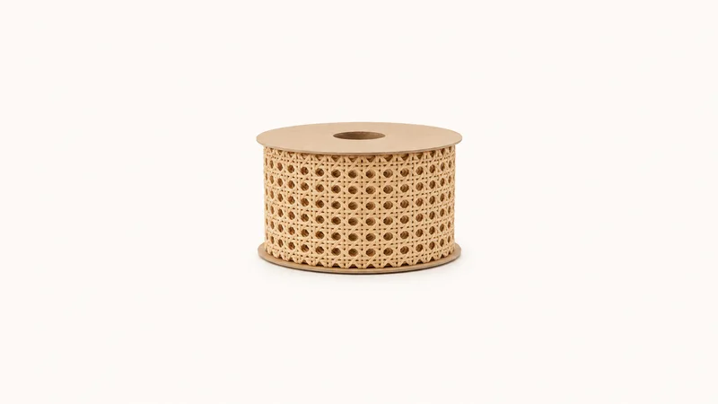 Isolated a strip of pressed cane seat webbing rolled on a spool centred on a seamless pale off-white studio background, generous empty margin on every side for overlaid branding