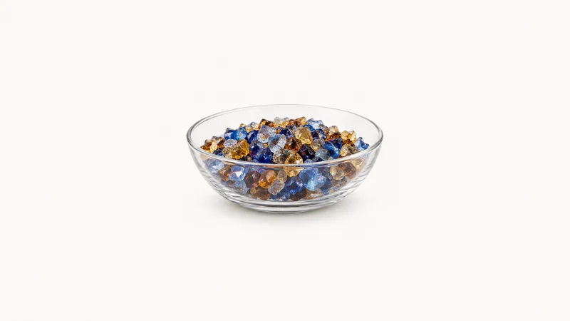 Isolated a bowl of crushed coloured glass frit in blue and amber centred on a seamless pale off-white studio background, generous empty margin on every side for overlaid branding