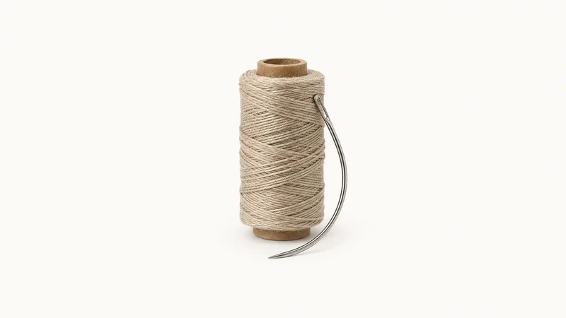 Isolated a spool of saddle-stitching linen thread with a curved harness needle centred on a seamless pale off-white studio background, generous empty margin on every side for overlaid branding