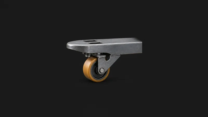 Isolated a steel pallet-jack fork tip with a polyurethane load wheel centred on a seamless deep charcoal near-black studio background, generous empty margin on every side for overlaid branding