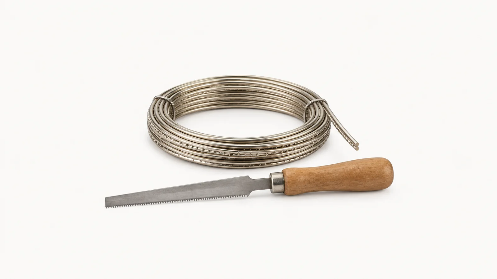 Isolated a rolled coil of nickel-silver fret wire with a fret slotting saw centred on a seamless pale off-white studio background, generous empty margin on every side for overlaid branding