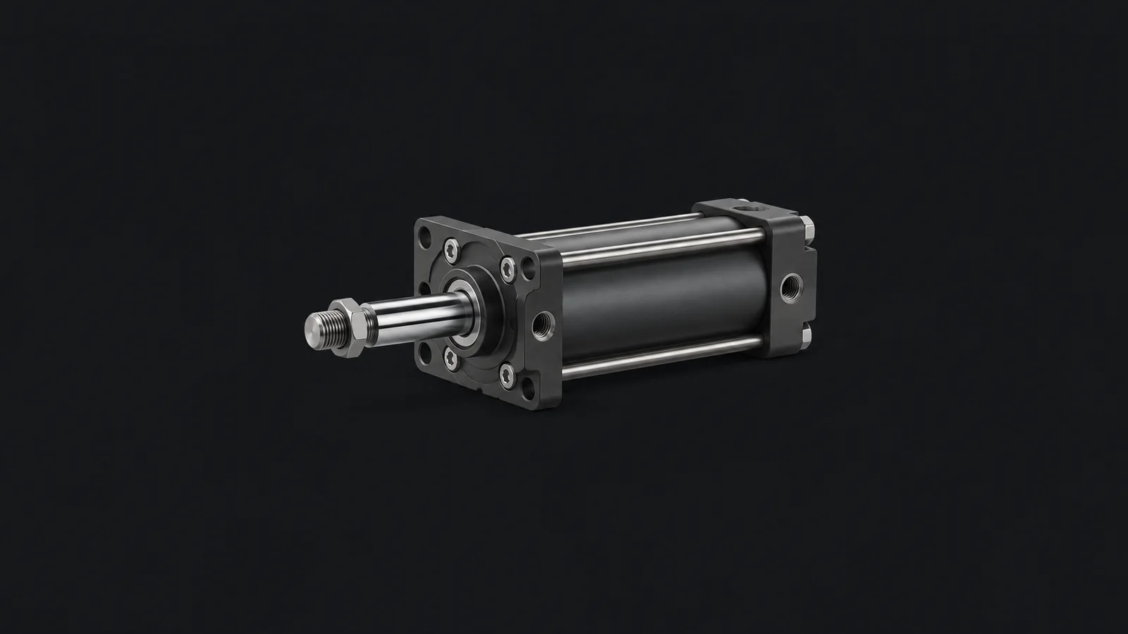 Isolated a pneumatic cylinder with a chrome rod and mounting flange centred on a seamless deep charcoal near-black studio background, generous empty margin on every side for overlaid branding
