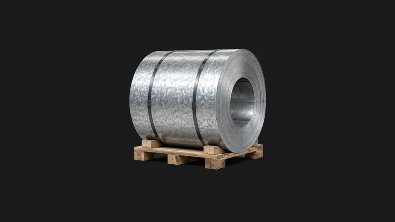 Isolated a coil of galvanised steel strip on a pallet spool centred on a seamless deep charcoal near-black studio background, generous empty margin on every side for overlaid branding
