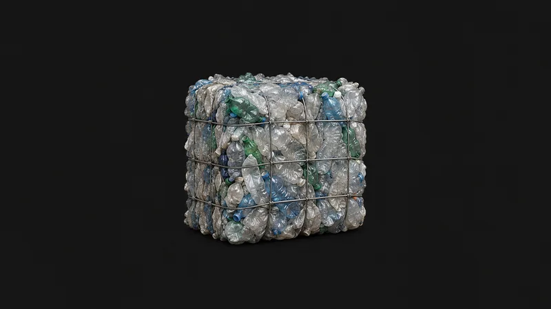 Isolated a bale of crushed mixed-plastic bottles wrapped in wire centred on a seamless deep charcoal near-black studio background, generous empty margin on every side for overlaid branding