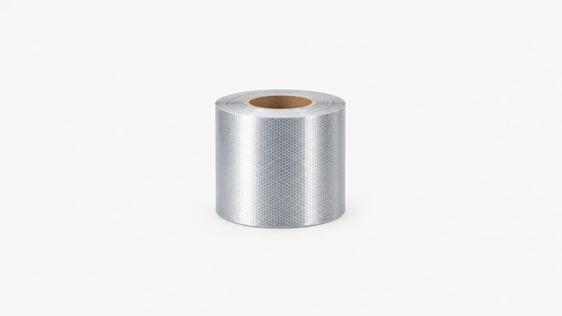 Isolated a roll of reflective vinyl film centred on a seamless pale off-white studio background, generous empty margin on every side for overlaid branding