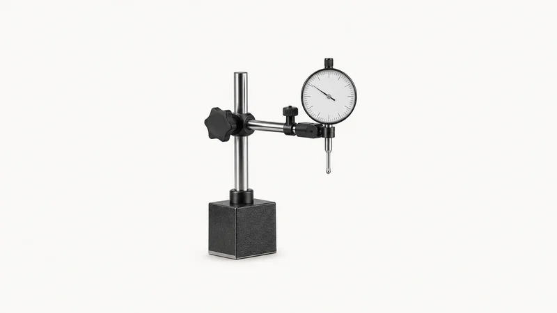 Isolated a dial indicator on a magnetic base centred on a seamless pale off-white studio background, generous empty margin on every side for overlaid branding