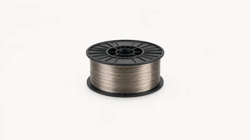 Isolated a spool of MIG welding wire centred on a seamless pale off-white studio background, generous empty margin on every side for overlaid branding