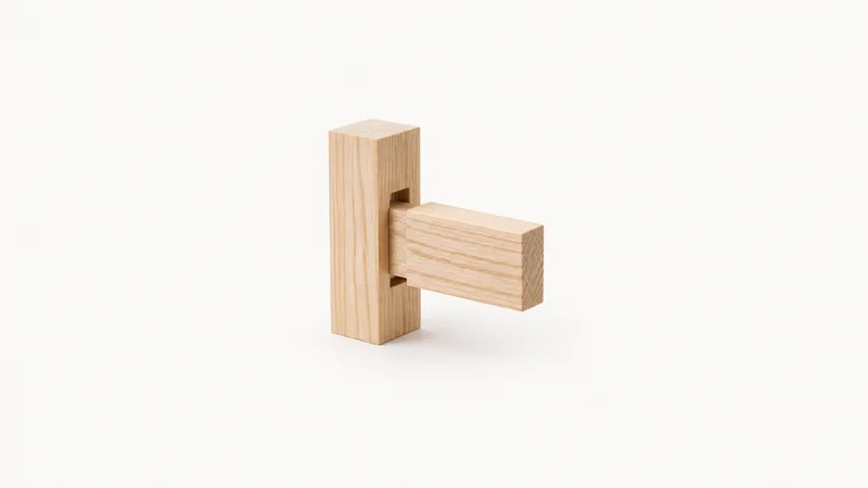 Isolated a mortise-and-tenon joint dry-fitted in ash centred on a seamless pale off-white studio background, generous empty margin on every side for overlaid branding