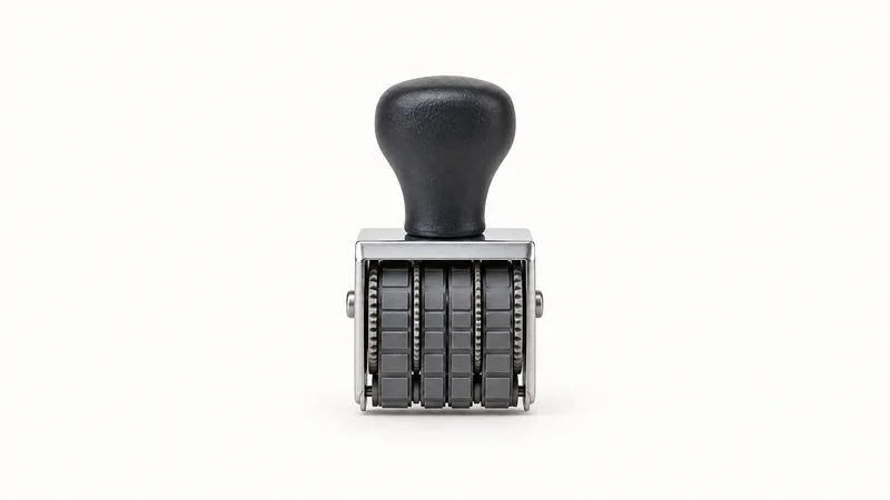 Isolated a rubber date stamp with a rotating band centred on a seamless pale off-white studio background, generous empty margin on every side for overlaid branding