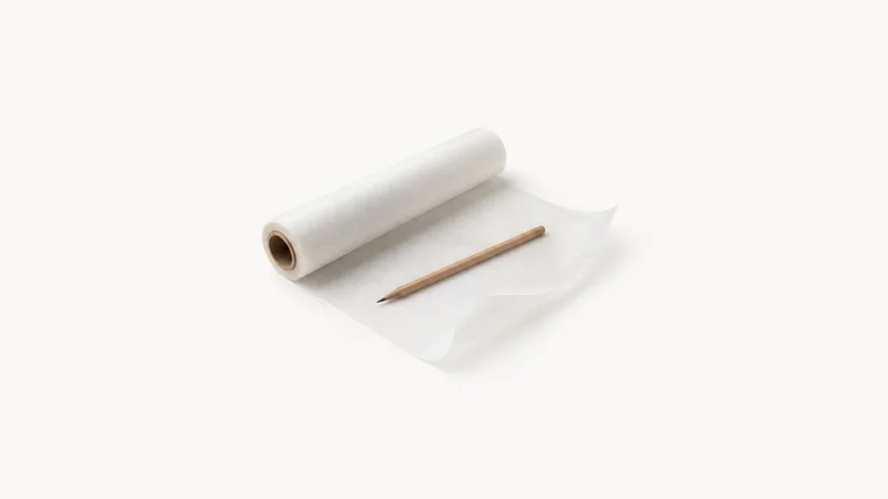 Isolated a roll of trace paper partly unrolled with a soft pencil centred on a seamless pale off-white studio background, generous empty margin on every side for overlaid branding