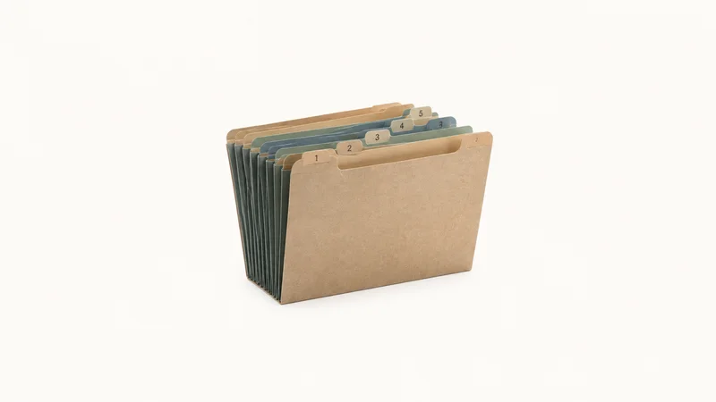 Isolated a set of accordion expense folders with numbered tabs centred on a seamless pale off-white studio background, generous empty margin on every side for overlaid branding