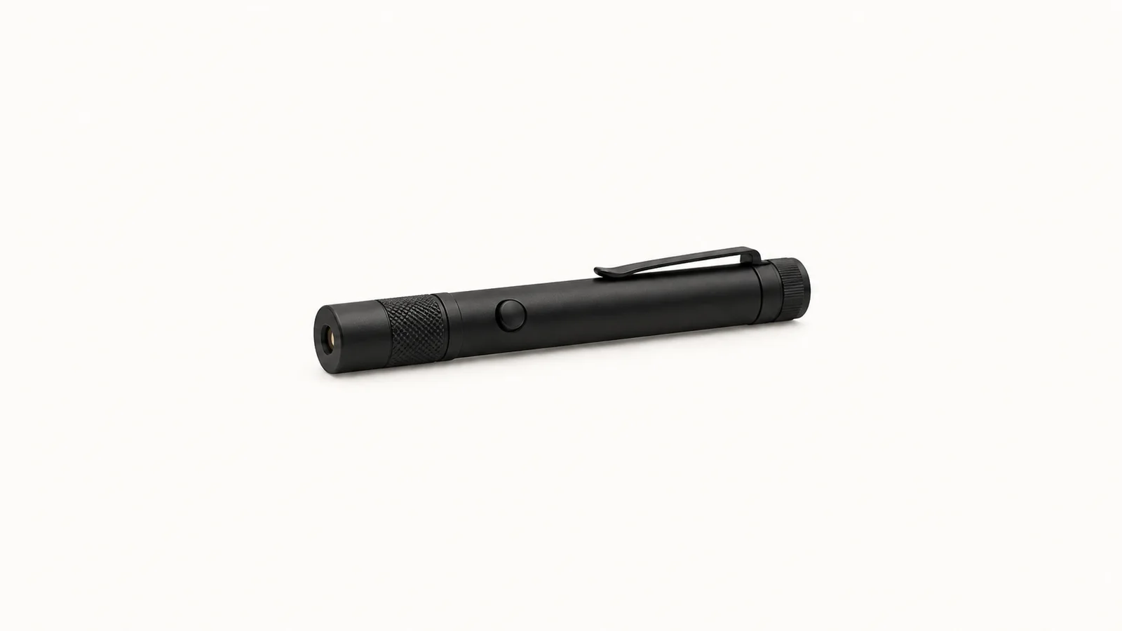 Isolated a matte-black laser pointer with a clip centred on a seamless pale off-white studio background, generous empty margin on every side for overlaid branding