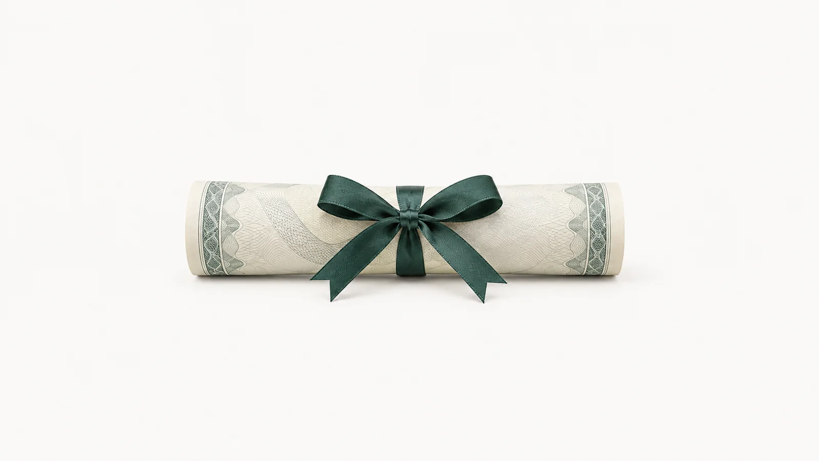 Isolated a rolled bond certificate tied with a ribbon centred on a seamless pale off-white studio background, generous empty margin on every side for overlaid branding